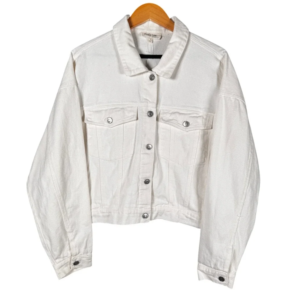 Peach Love California Bride Denim Jacket Womens L White Sequin Fringe Cropped - Picture 2 of 11